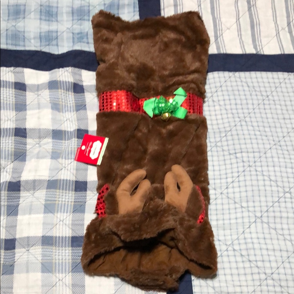 Brown Plush Dog Costume with Red and Green Accents